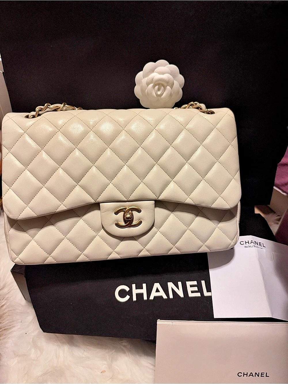 Double Flap Jumbo Quilted Shoulder Bag in Cream